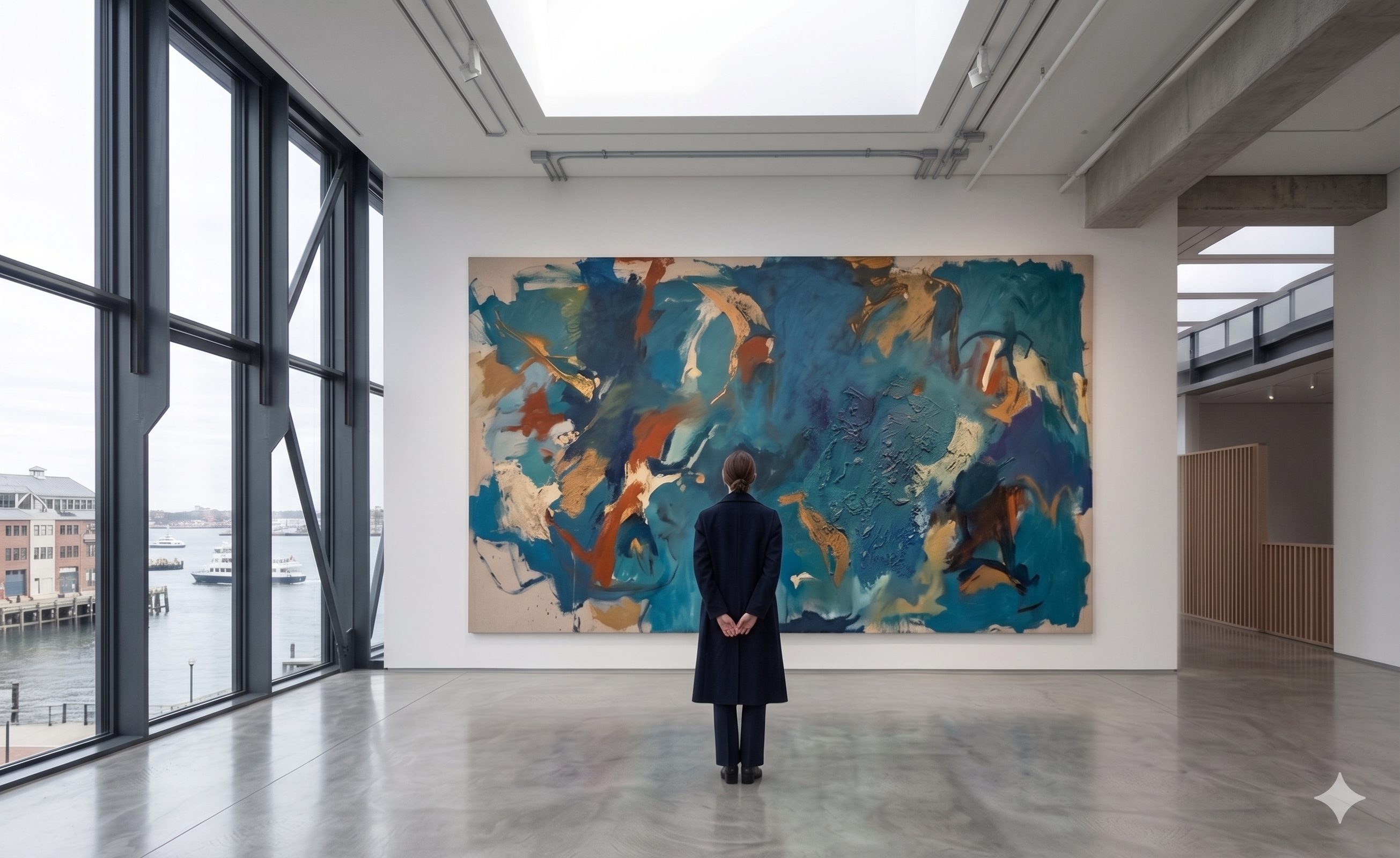 Visitor contemplating a large abstract painting at VEEV MOCA