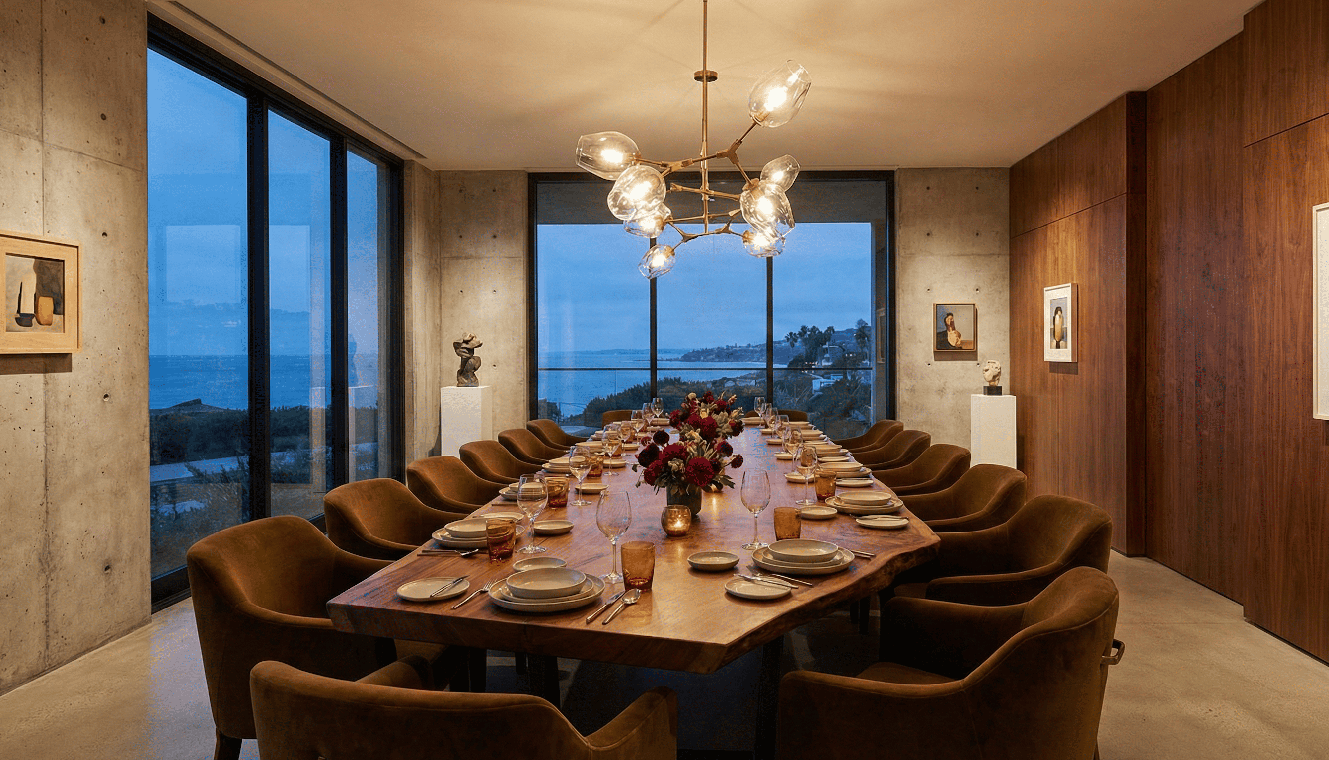 Intimate warmly lit room with elegant table settings for a private dinner