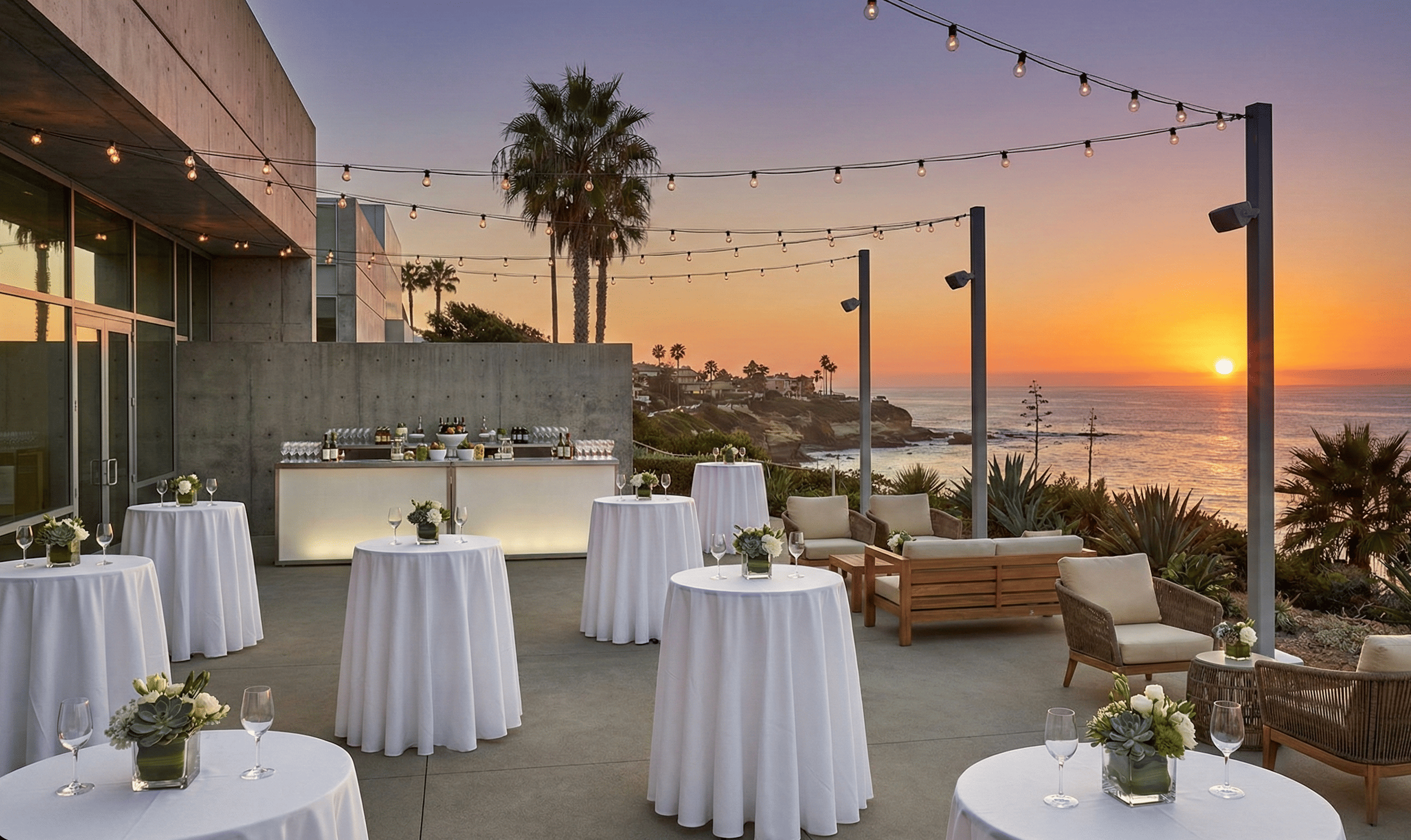 Beautiful outdoor terrace with string lights and ocean views at dusk
